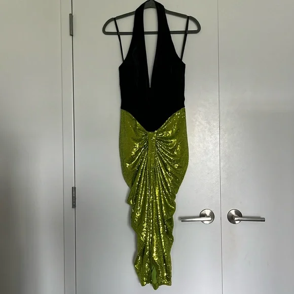 green emerald velvet dress Lime-Green Velvet Ruched-Front Midi-Dress main image 1